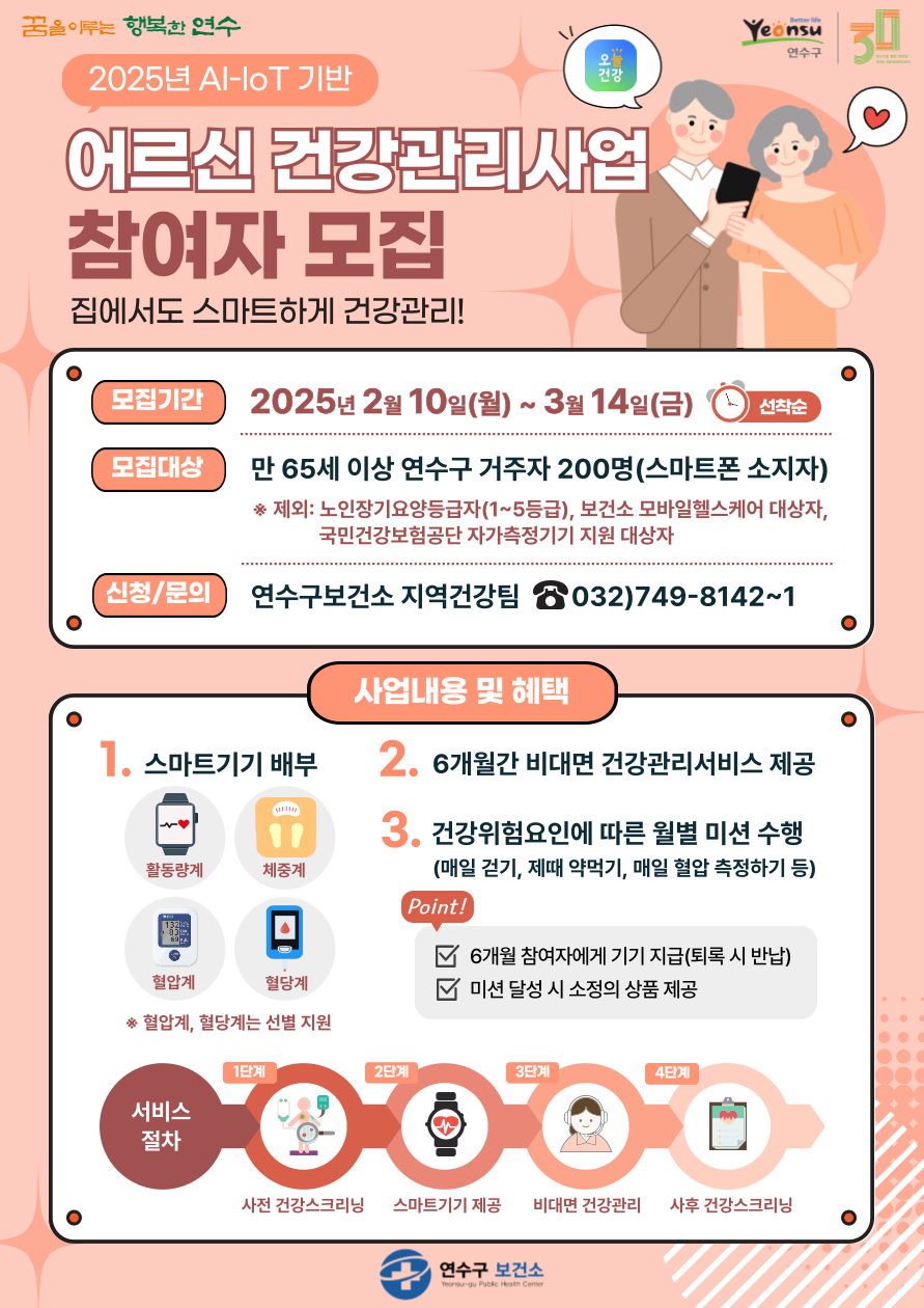 연수구가 만 65세 이상 어르신 200명을 대상으로 인공지능 사물인터넷을 이용한 건강관리 사업 참여자를 다음 달 14일까지 선착순 모집한다